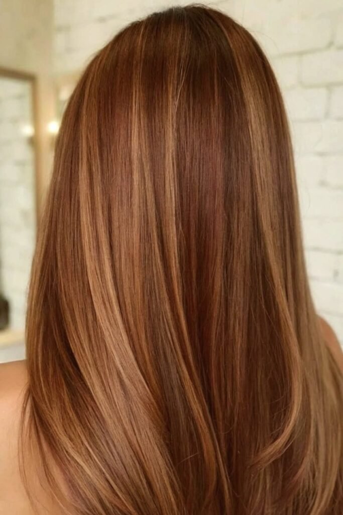 18. Sleek Straight Dark Hair with Warm Copper-Brown Highlights