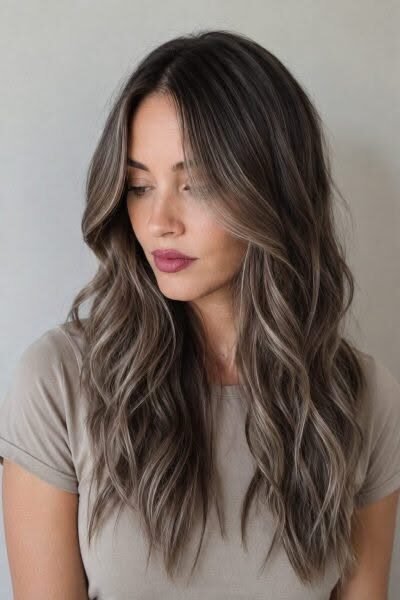 18. Smoky Ash Brunette with Subtle Light Brown Tone-on-Tone Balayage Loose Waves