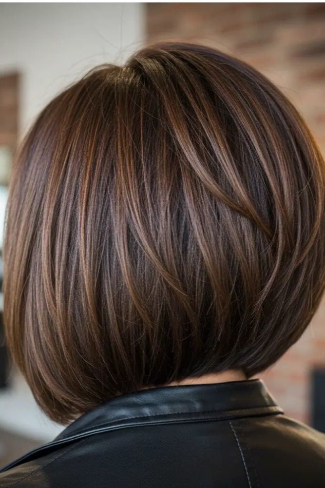 18. Smooth Chocolate Brown Angled Layered Bob