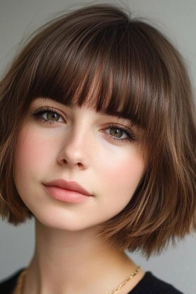18. Soft Chestnut Wavy Cut with Full Straight Fringe