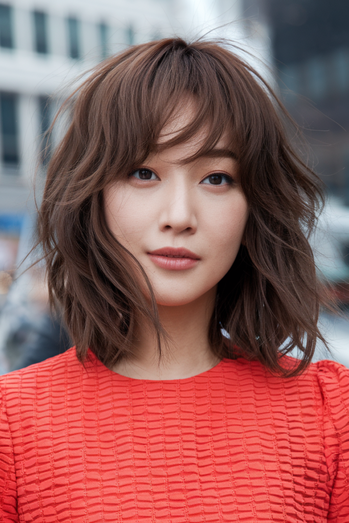 18. Soft Wavy Brunette Shoulder Bob with Bangs