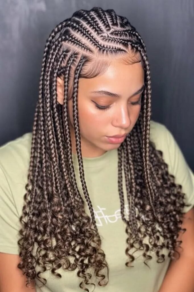 18. Stitch Braids with Curly Ends and Face-Framing Braids
