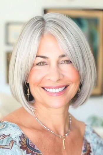 18. Straight Silver Rounded Bob with Curtain Fringe