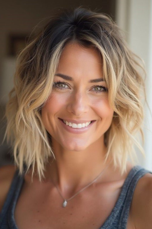 18. Sun-Kissed Blonde Beach Wave Bob with Center Part