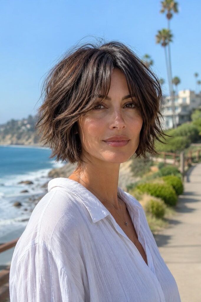18. Textured Brunette Shaggy Bob with Middle-Parted Curtain Bangs