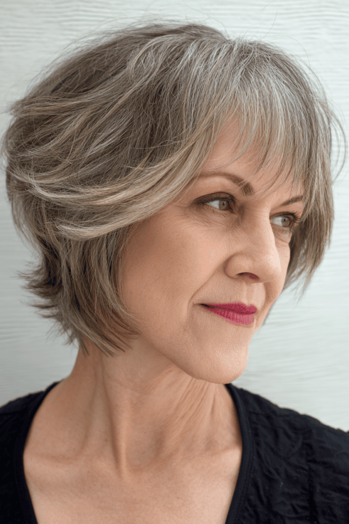 18. Textured Feathered Grey Bob with Full Fringe