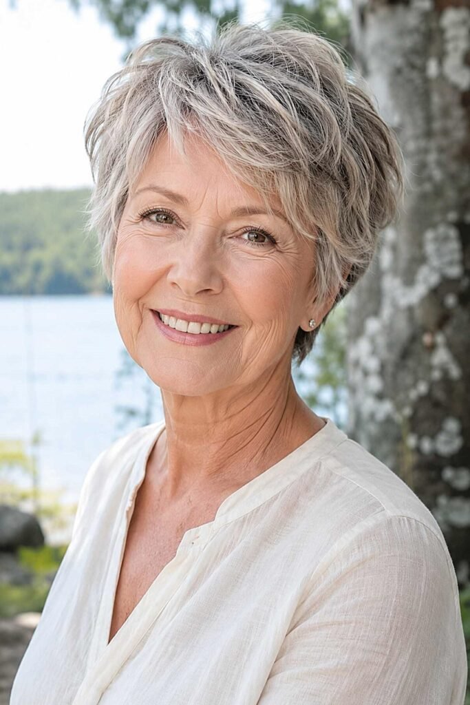 18. Tousled Salt-and-Pepper Pixie Cut with Piecey Bangs