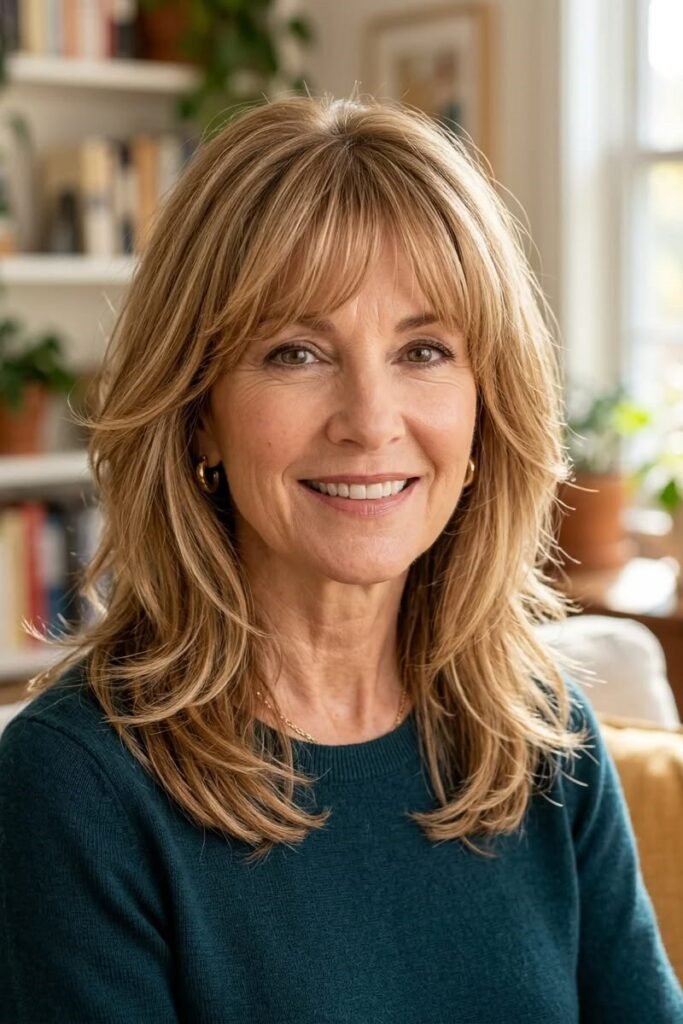 18. Voluminous Honey Blonde Cut with Face-Framing Layers and Fringe