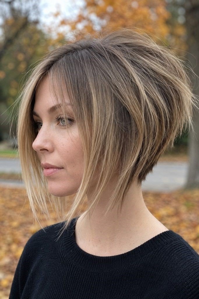 18. Voluminous Stacked A-Line Bob with Long Face-Framing Strands
