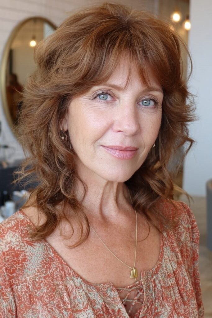18. Warm Copper Brown Feathered Shag with Wispy Bangs
