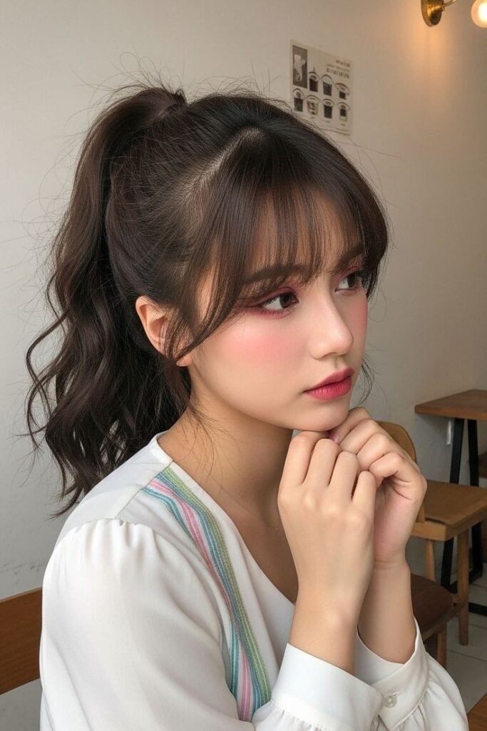 18. Wavy High Ponytail with Wispy Fringe Bangs