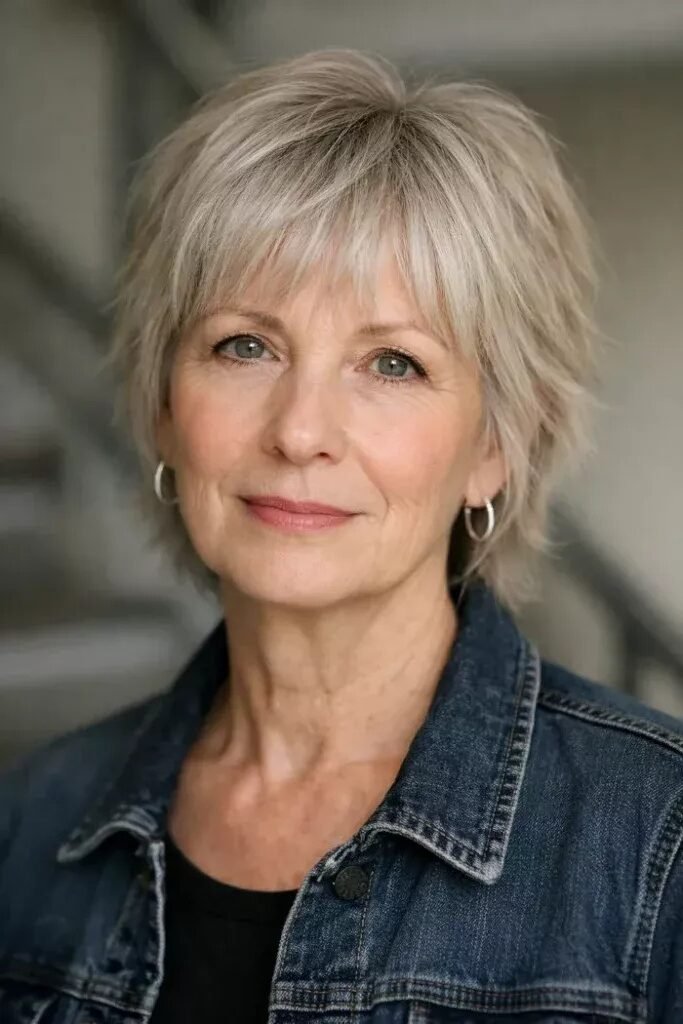 18. Wispy Layered Platinum Pixie Cut with Fringe
