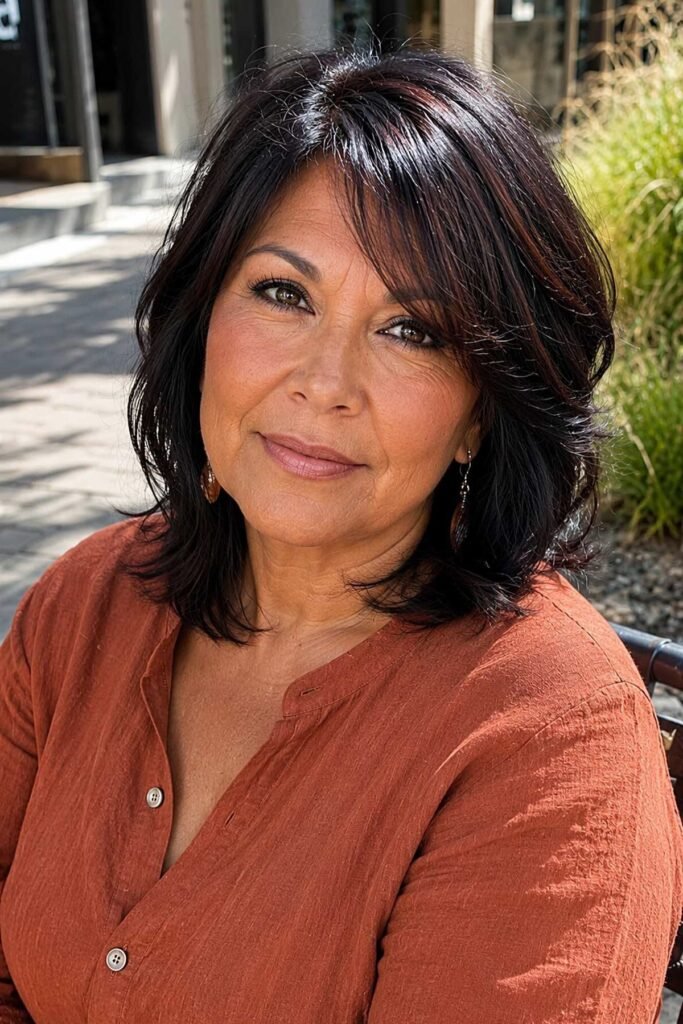 19. Dark Brown Layered Cut with Subtle Auburn Highlights and Side Bangs