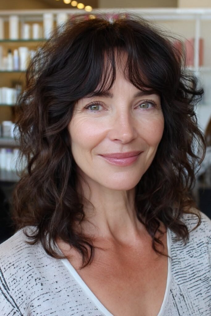 19. Dark Espresso Wavy Shag with Soft Curtain Bangs