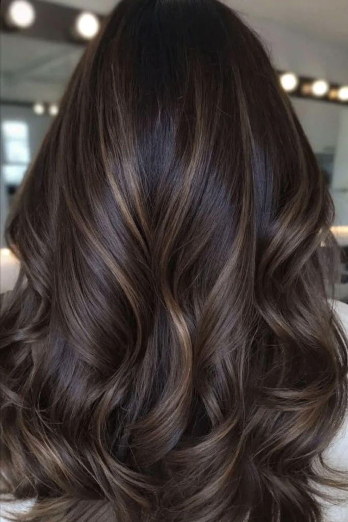 19. Deep Chocolate Brown Hair with Glossy Chestnut Tone-on-Tone Balayage Soft Curls (Back View)