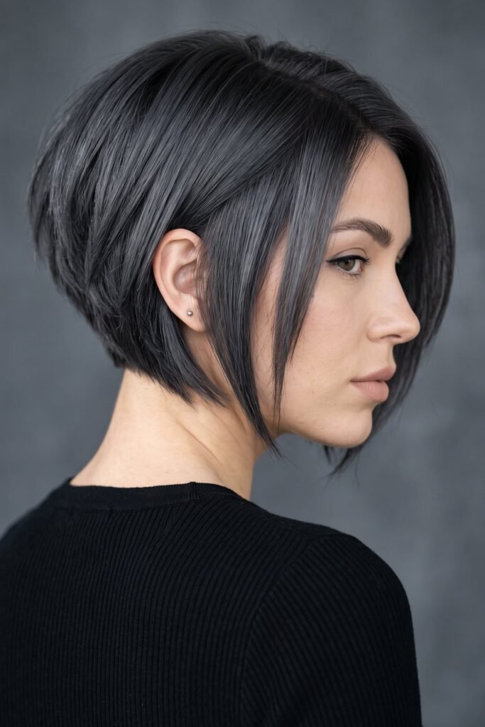 19. Edgy Charcoal Grey Angled Stacked Bob with Long Front