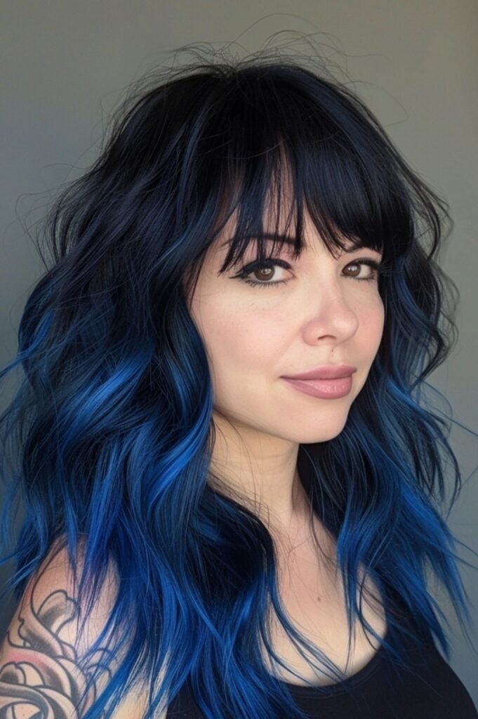 19. (Long Straight Brunette Hair with Bold Cobalt Blue Underlights)