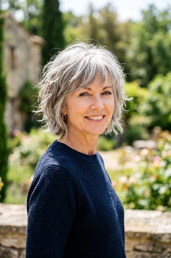 19. Messy Silver Shag Bob with Choppy Wispy Bangs and Textured Waves