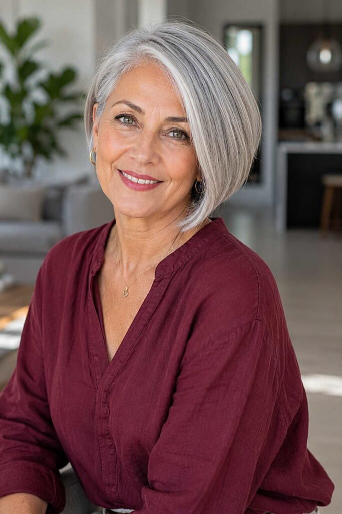 19. Modern Side-Swept Silver Inverted Bob