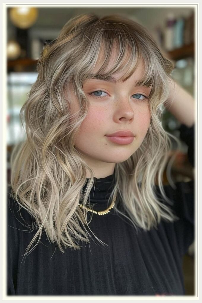 19. Platinum Blonde Wavy Lob with Wispy Straight-Across Bangs