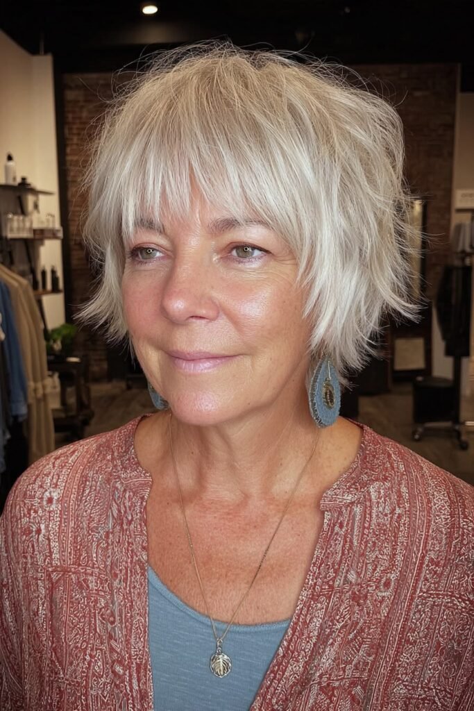 19. Platinum Silver Shaggy French Bob with Fine Piecey Fringe