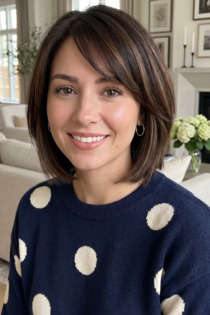 19. Rounded Brunette Bob with Side-Swept Bangs and Subtle Highlights