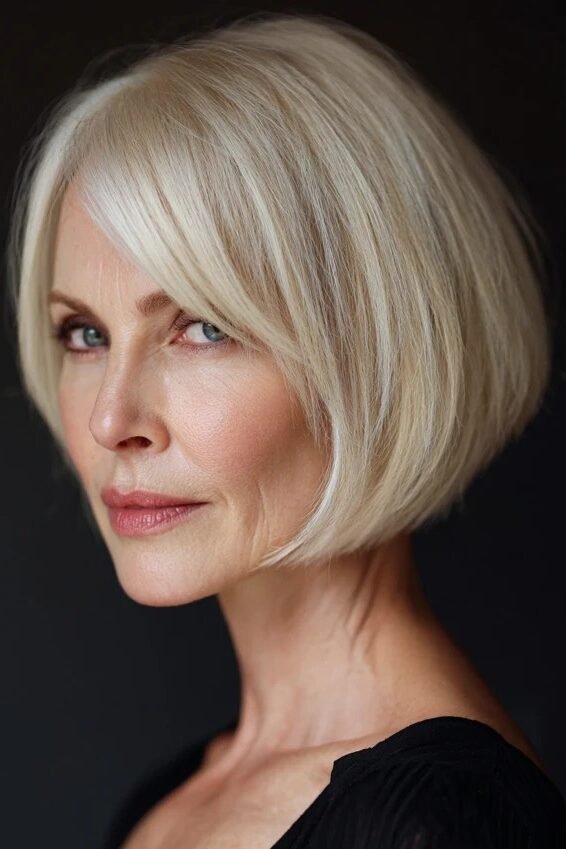 19. Sleek Rounded Platinum Bob with Side-Swept Bangs