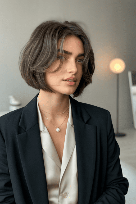 19. Soft Ash Brown Bob with Curtain Bangs