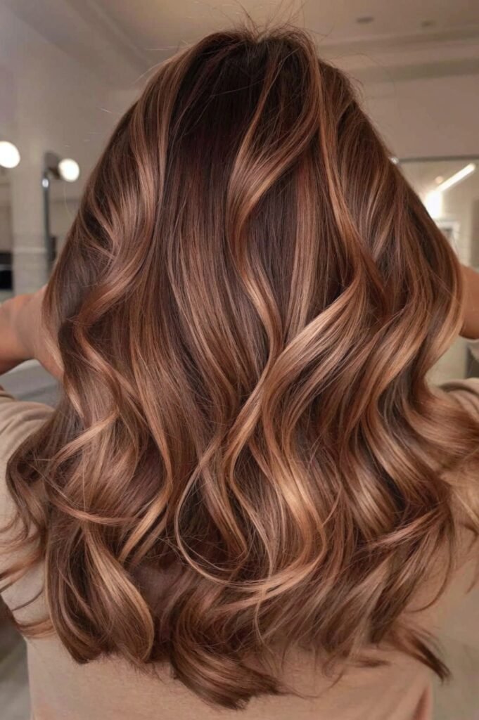 19. Soft Bouncy Curls with Multi-Tonal Caramel Copper Highlights