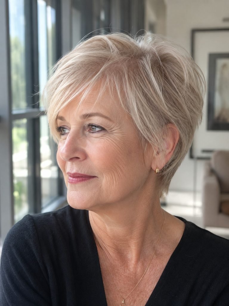 19. Soft Layered Blonde Pixie Cut with Side-Swept Bangs