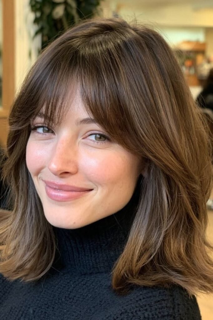 19. Soft Layered Lob with Wispy Center-Parted Bangs