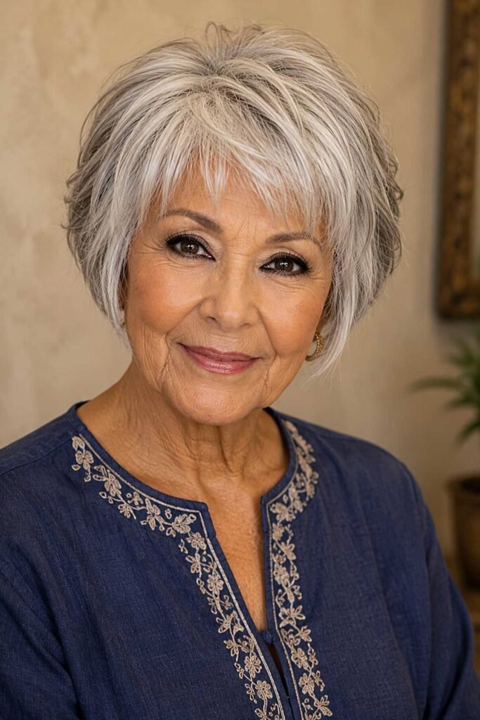 19. Soft Layered Silver Bob with Feathered Bangs