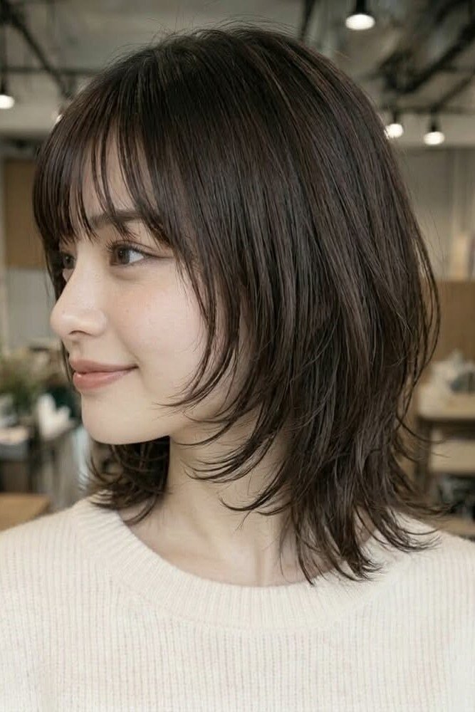 19. Softly Layered Medium Shag with Feathered Face-Framing Fringe