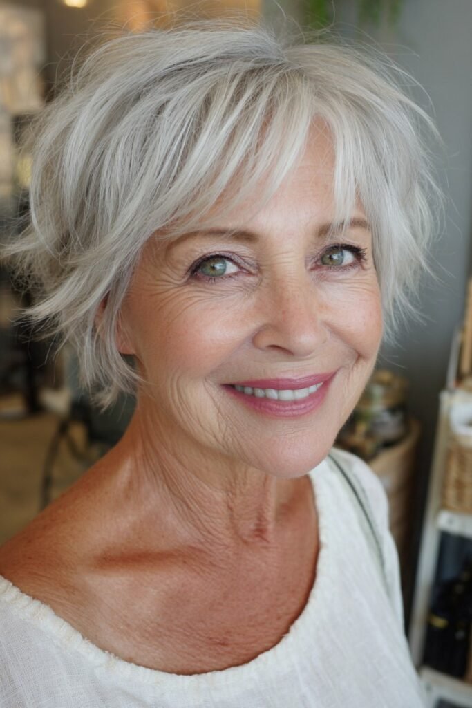 19. Textured Silver Pixie Shag with Wispy Bangs
