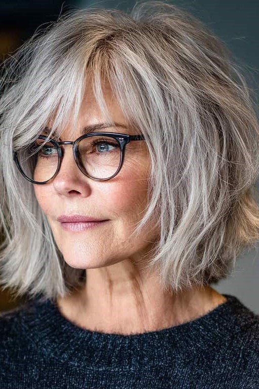 19. Voluminous Textured Silver Bob with Wispy Bangs