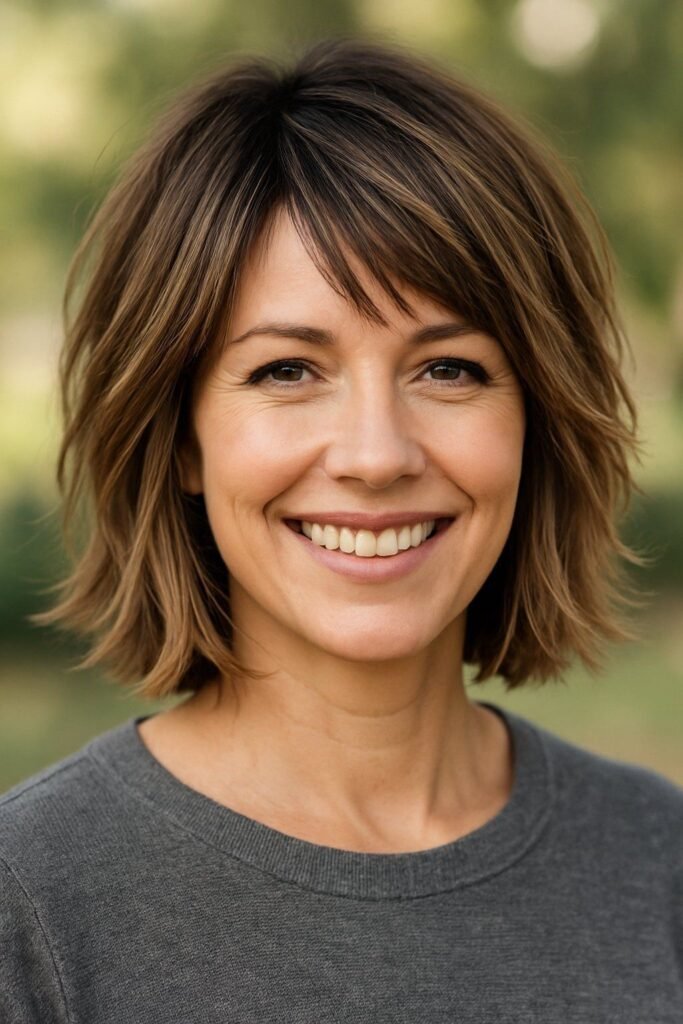 19. Wavy Brunette Bob with Piecey Side Bangs