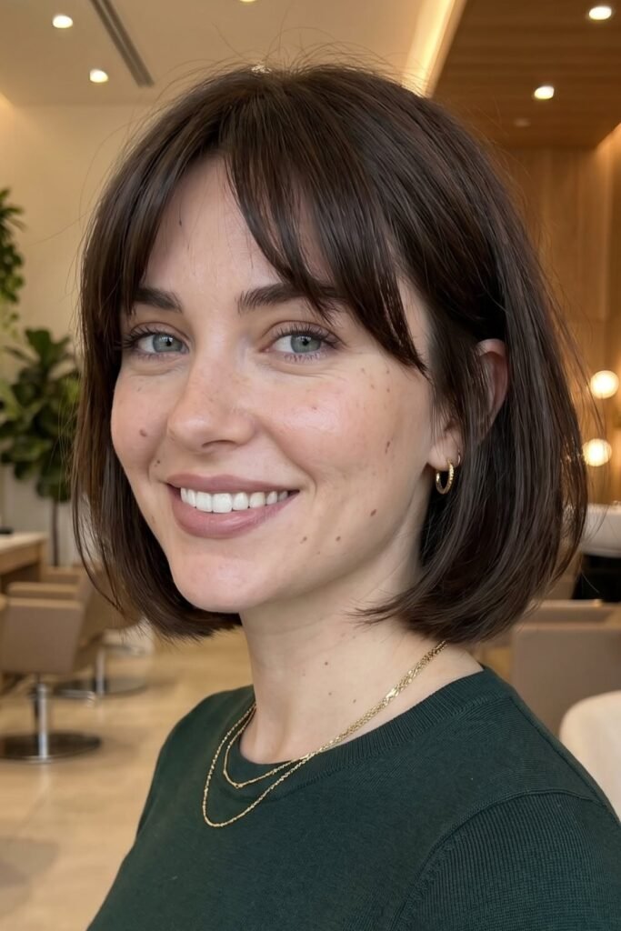 2. Classic Dark Brown French Bob with Curtain Bangs