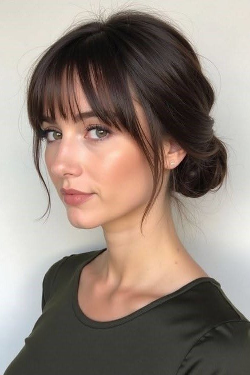 2. Elegant Low Chignon with Soft Straight Bangs
