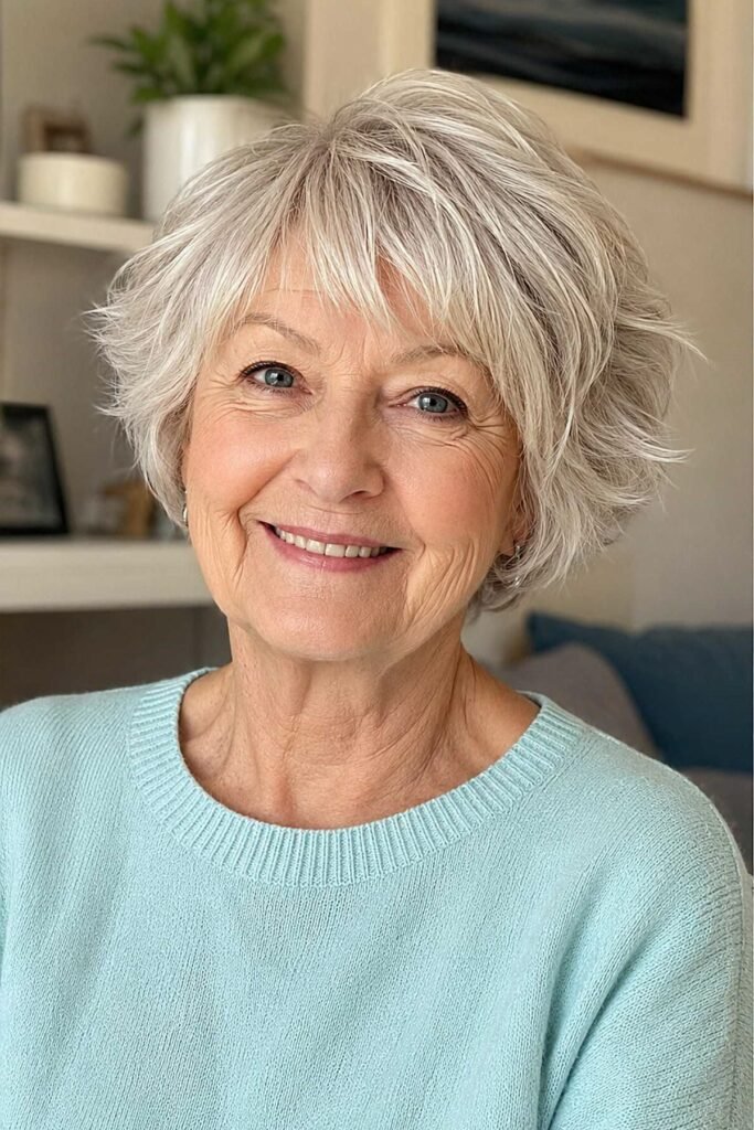 2. Feathered Silver Bob with Soft Fringe