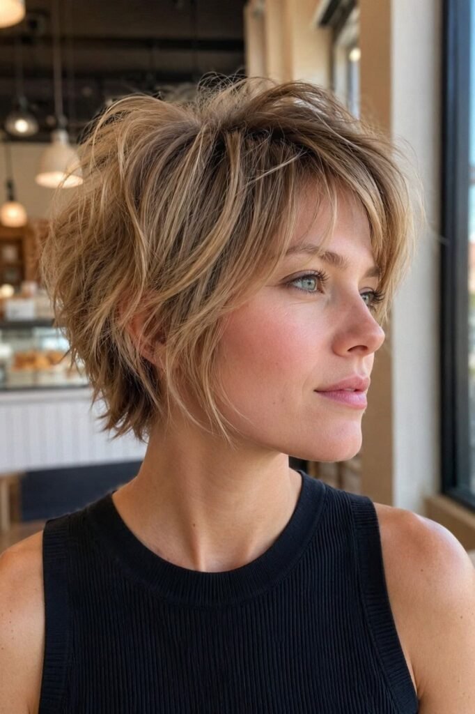 2. Honey Blonde Shaggy Crop Cut with Layered Side Bangs