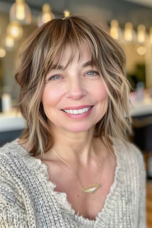 2. Layered Honey Blonde Shag Cut with Full Fringe