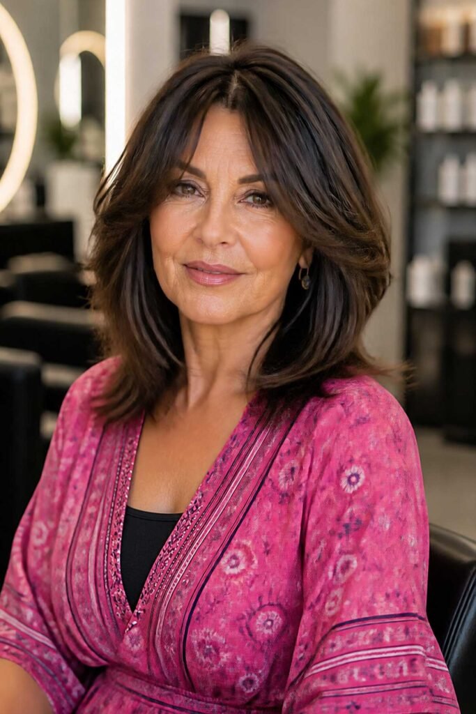 2. Medium Chestnut Brown Layered Lob with Soft Face Framing