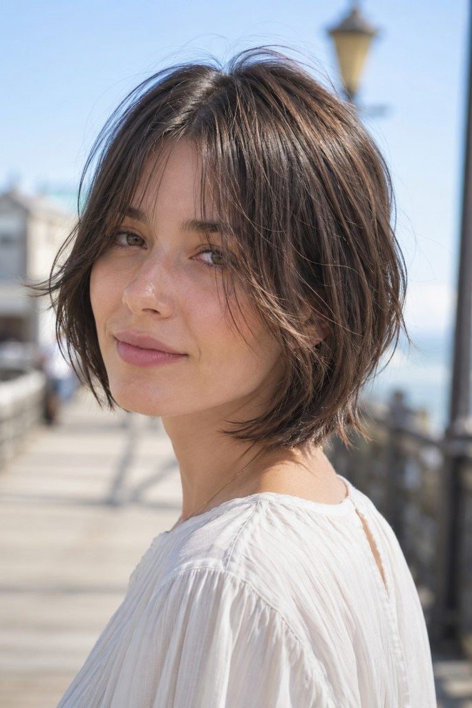 2. Messy Brunette French Bob with Wispy Curtain Bangs
