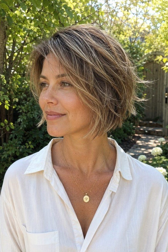 2. Messy Layered Chin-Length Bob with Soft Side Bangs