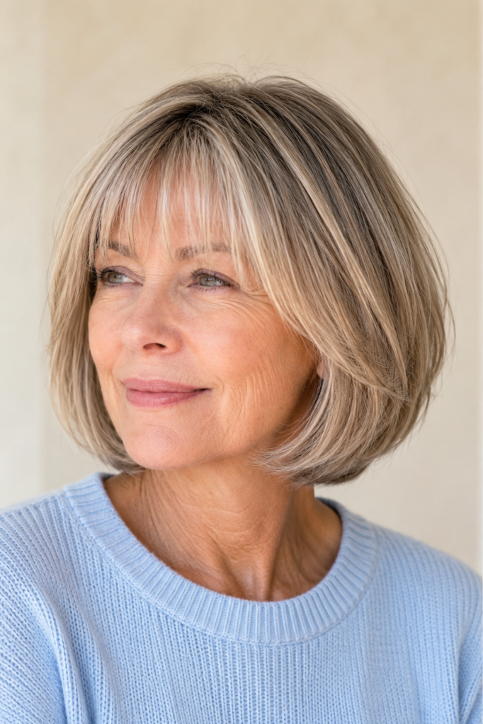 2. Rounded Blonde Bob with Wispy Fringe