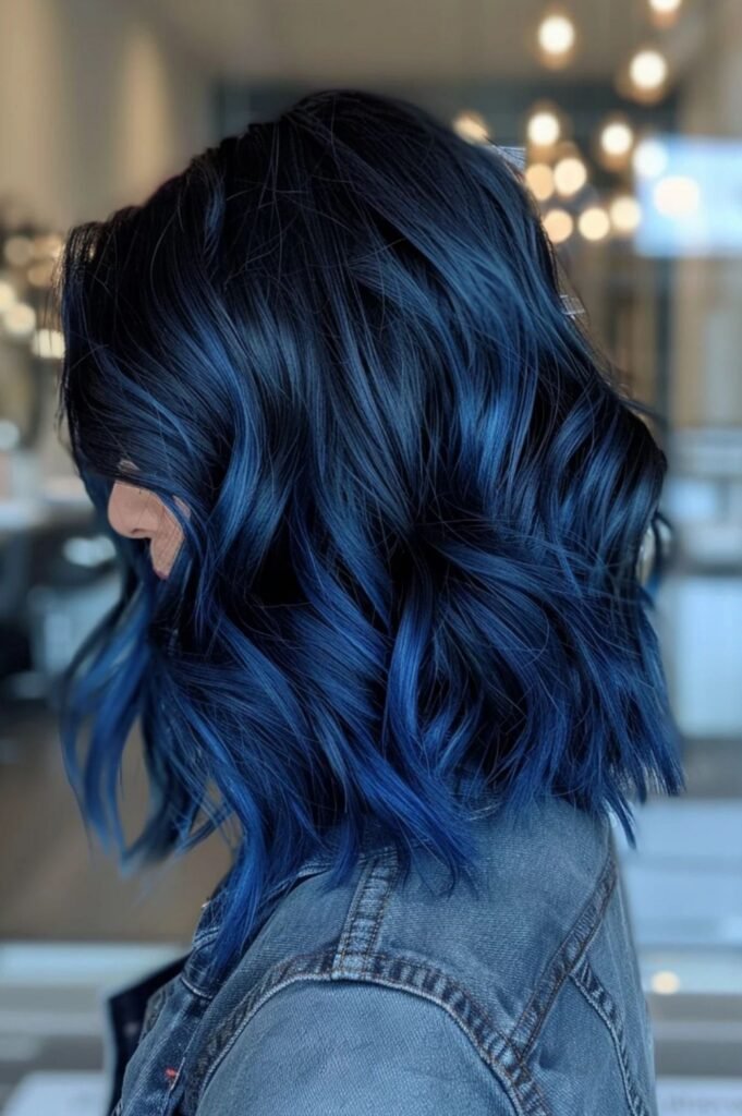 2. (Shag Cut Brunette Hair with Subtle Dusty Blue Balayage Ends)