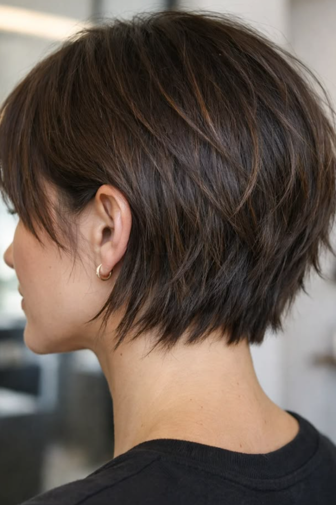 2. Short Choppy Stacked Bob with Feathered Layers
