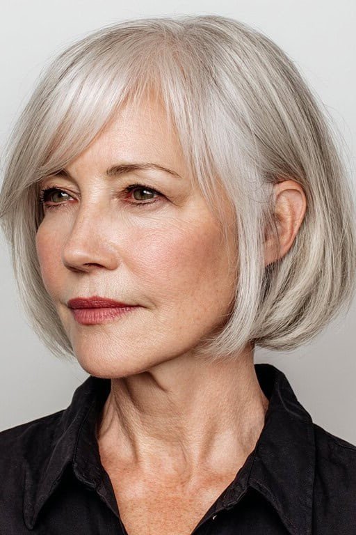 2. Sleek Silver Bob with Side Fringe