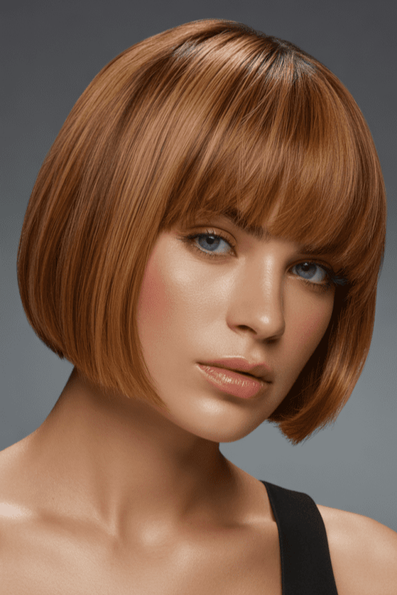 2. Smooth Copper Brown Rounded Bob with Full Straight Bangs