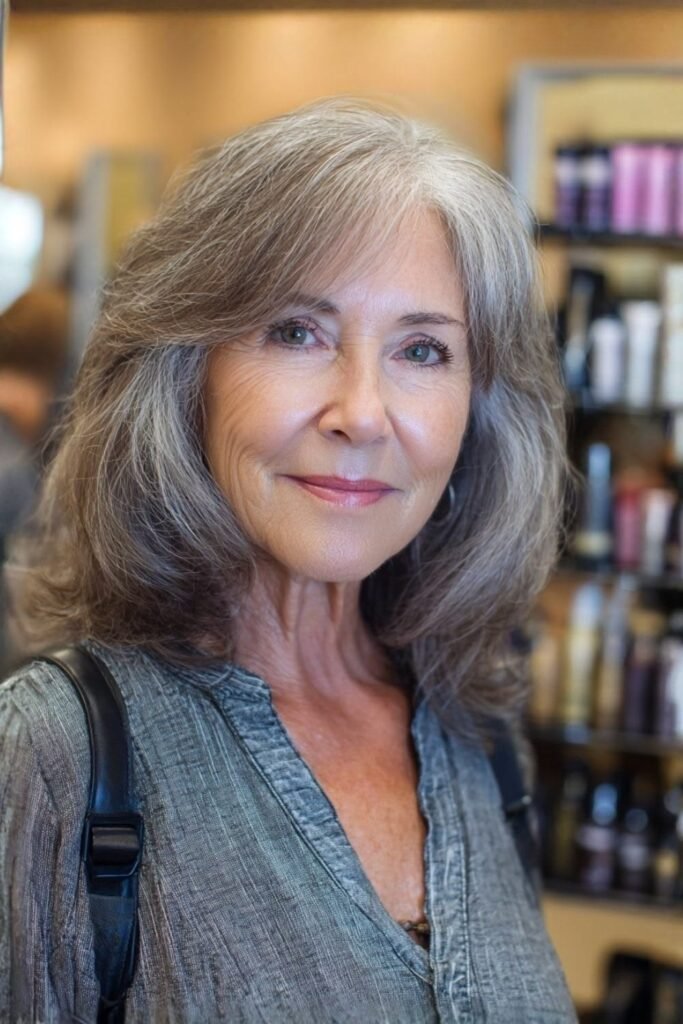 2. Soft Layered Silver Lob with Wispy Curtain Bangs